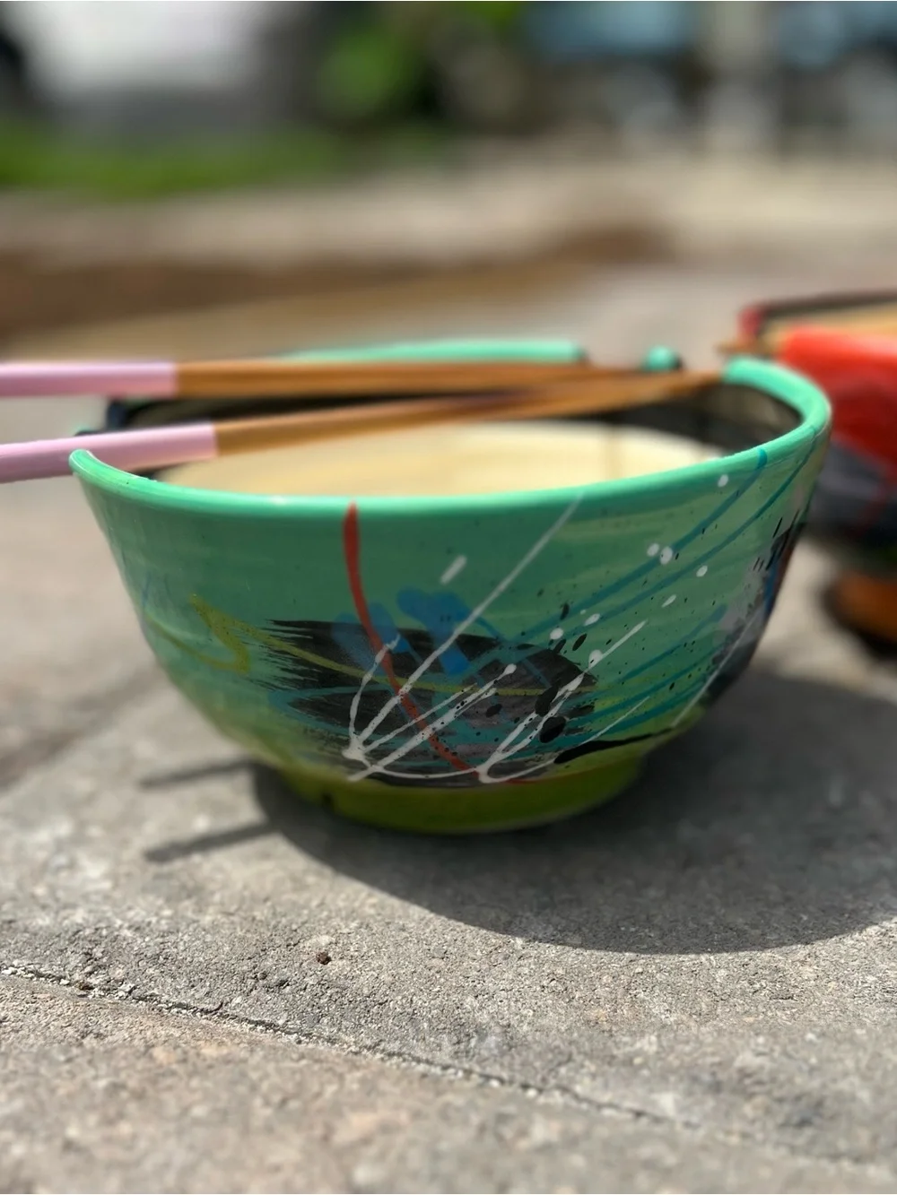 Handmade Ramen Bowl Set — Teal & Red, Artist Signe